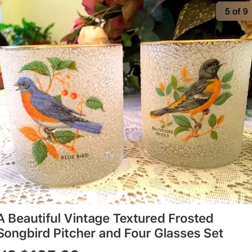 Vintage Textured Frosted Songbird Pitcher 4 Glasse - Picture 5 of 8